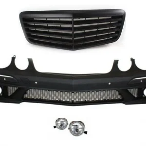 Предна тунинг броня за Mercedes W211 E-Class (2002-2009) - AMG с черна решетка и халогени