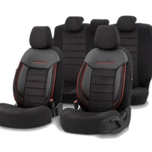 Комплект Луксозна Тапицерия OTOM текстил с еко кожа COMFORT LINE Design – Черна с червен шев, за Предни и Задни Седалки