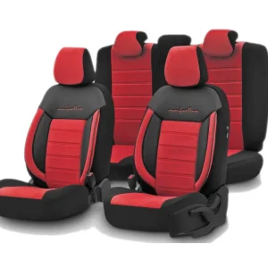 Комплект Луксозна Тапицерия OTOM текстил с еко кожа COMFORT LINE Design – Червено-Черна с червен шев, за Предни и Задни Се...