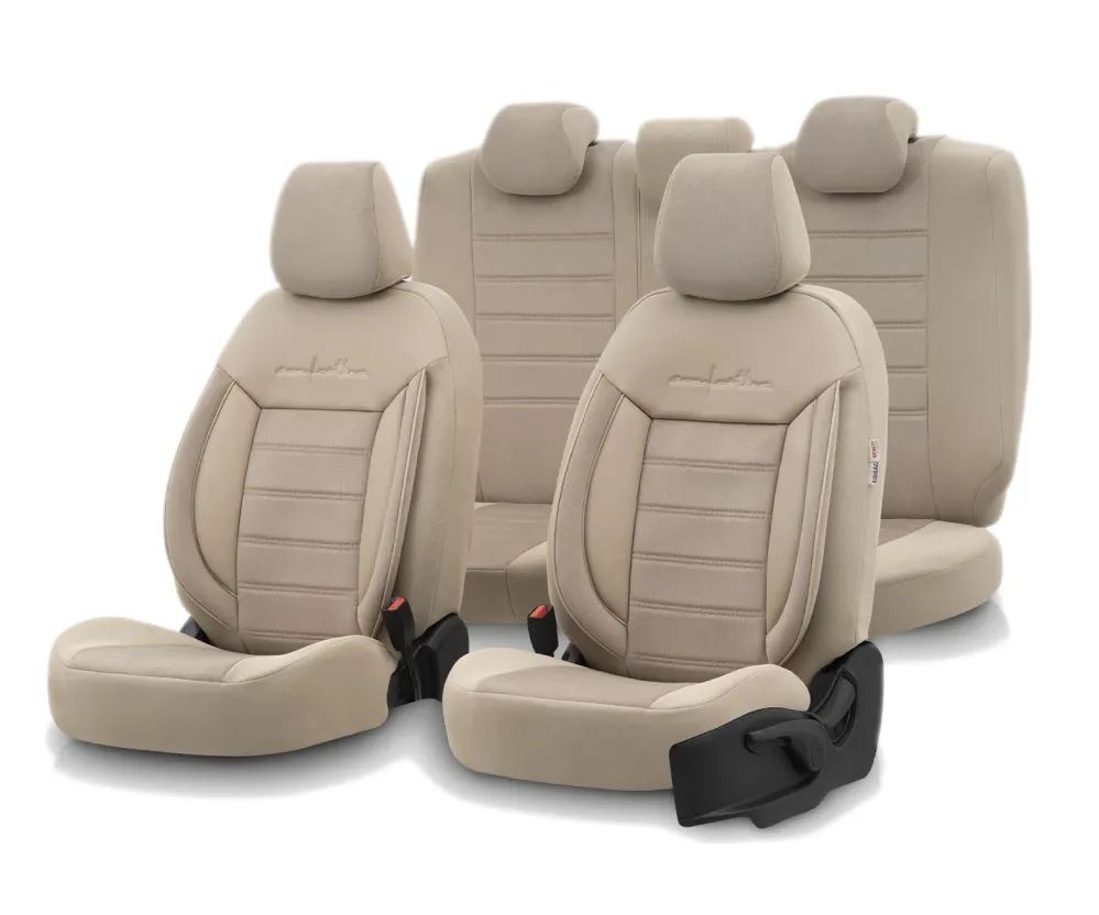 Комплект Луксозна Тапицерия OTOM текстил с еко кожа COMFORT LINE Design – Бежова с бежов шев, за Предни и Задни Седалки