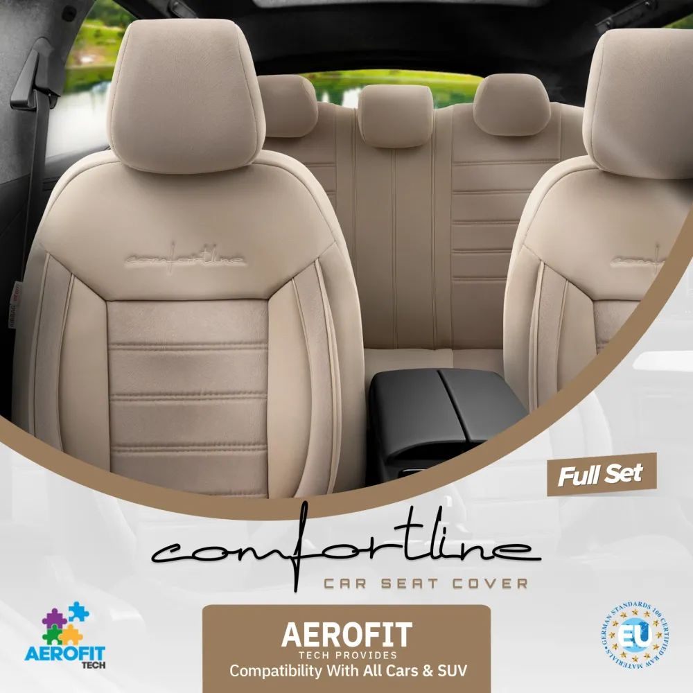 Комплект Луксозна Тапицерия OTOM текстил с еко кожа COMFORT LINE Design – Бежова с бежов шев, за Предни и Задни Седалки