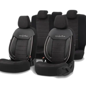 Комплект Луксозна Тапицерия OTOM текстил с еко кожа COMFORT LINE Design – Черна с бял шев, за Предни и Задни Седалки