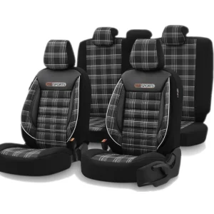 Комплект Луксозна Тапицерия OTOM текстил с еко кожа GTI SPORTS Design – Черна с бял шев, за Предни и Задни Седалки
