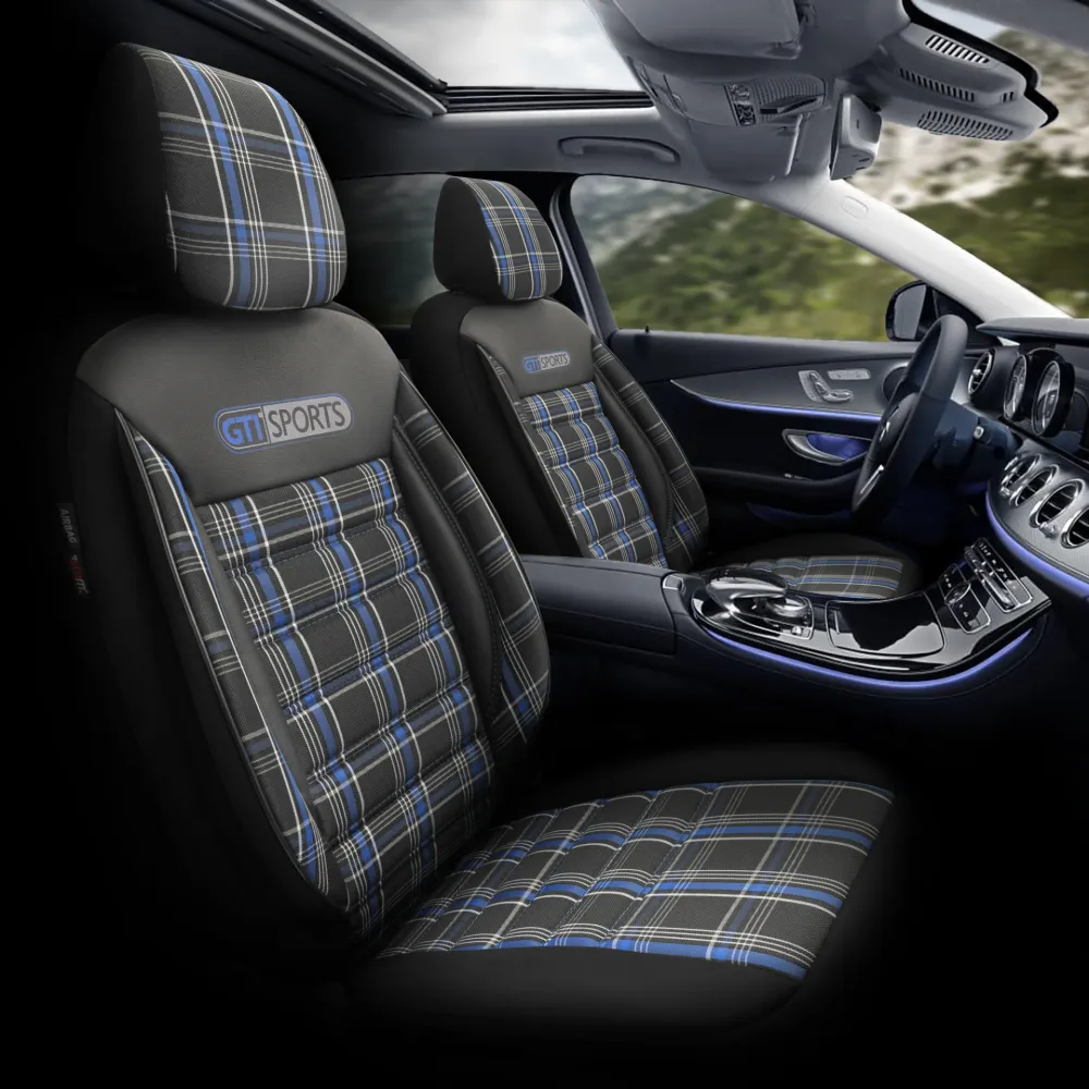 Комплект Луксозна Тапицерия OTOM текстил с еко кожа GTI SPORTS Design – Черна със син шев, за Предни и Задни Седалки