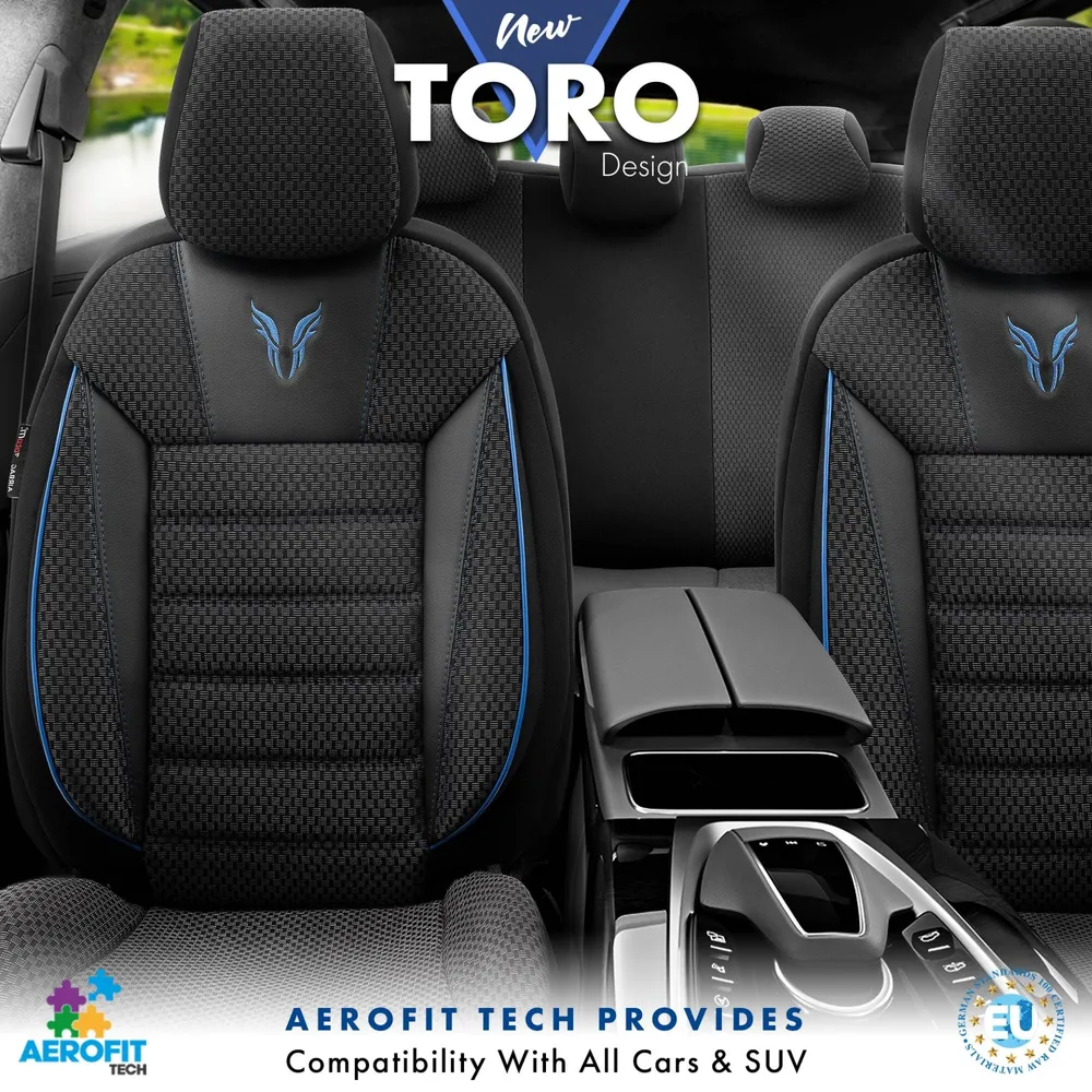 Комплект Луксозна Тапицерия OTOM текстил с еко кожа TORO Design – Черна със син шев, за Предни и Задни Седалки
