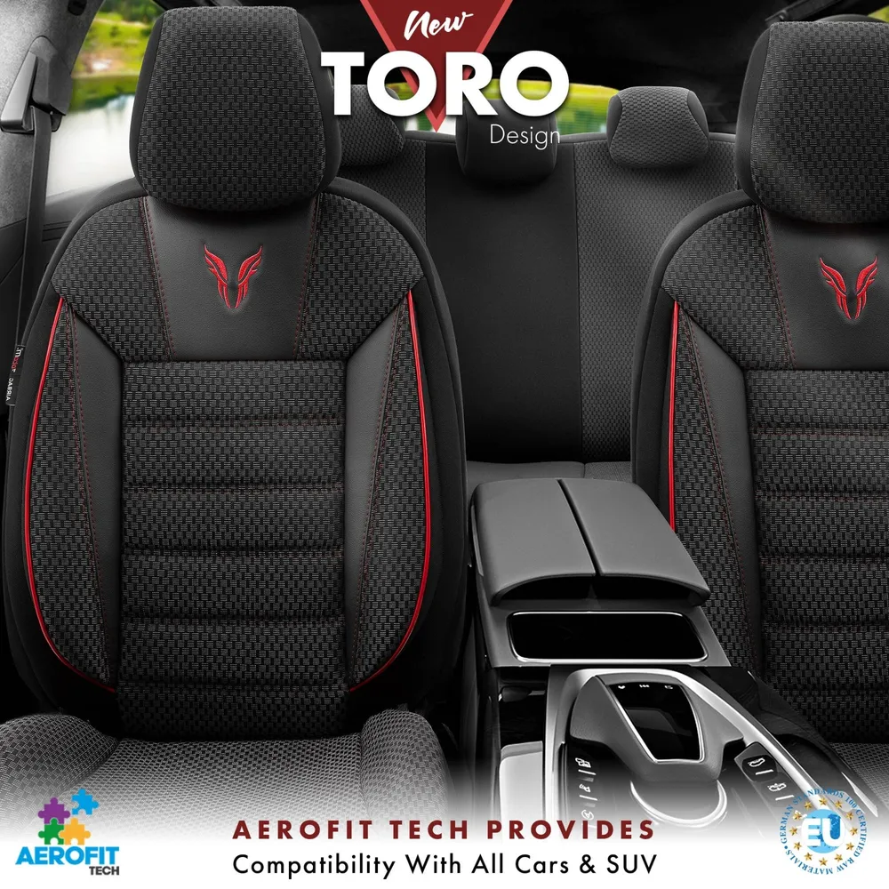 Комплект Луксозна Тапицерия OTOM текстил с еко кожа TORO Design – Черна с червен шев, за Предни и Задни Седалки