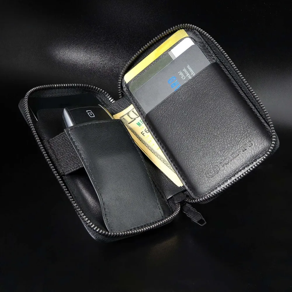 RFID мъжки мини портфейл - естествена кожа - черен - змийско око