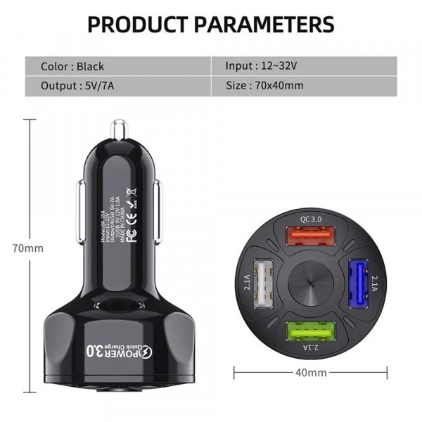 Универсално USB зарядно с 4 порта 12V-24V Quick Charge 3