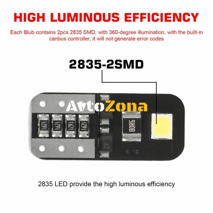 Лед Крушки За Габарит, Т10 W5W LED 2 SMD, 12V, Canbus, Бяла Светлина
