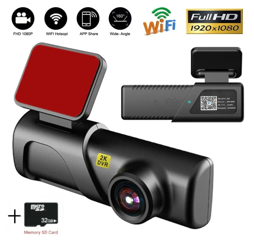 Авторегистратор видеорегистратор за автомобил 2K HD WIFI USB DVR камера G-сензор Видеорекордер Нощно виждане + 32 GB Micro...